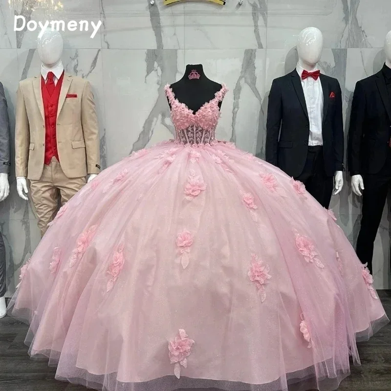 

Doymeny Sexy V-neck Quinceanera Dresses Appliques 3D Flowers Sparkling Tulle Birthday Party Dress Vestidos De 15 Anos