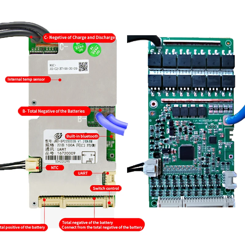 JBD 스마트 Lifepo4 리튬 이온 BMS, Uart 내장 BT 리튬, 6S, 8S, 12S, 13S, 14S, 16S, 20S, 21S, 22S, 40A, 50A, 60A, 80A, 100A, 24V, 