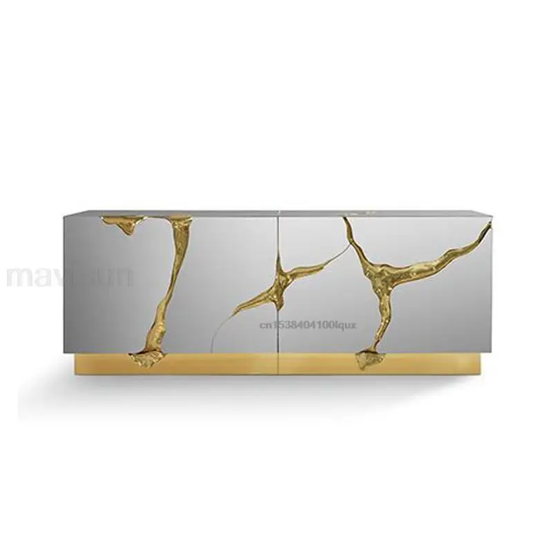 Luxury Metal Sideboard Villa Stainless Steel Porch Table Glossy Living Room Floor Storage Cabinet Post-Modern