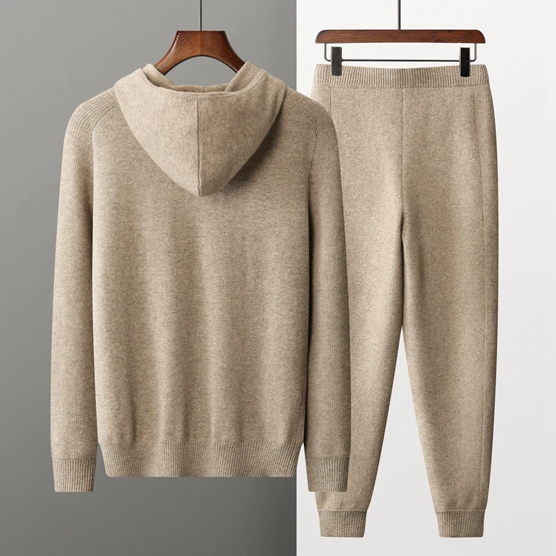 100% Cashmere Suit Men Hooded Zipper Cardigan Autumn Winter Knitted Two-Piece High Waist Trousers Fashion Solid Color Sweater 2
