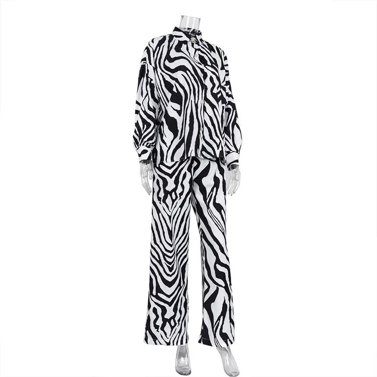 European and American Suit Black and White Striped Lapel Print Long-Sleeved Shirt Loose Trousers Two-Piece Set for Women