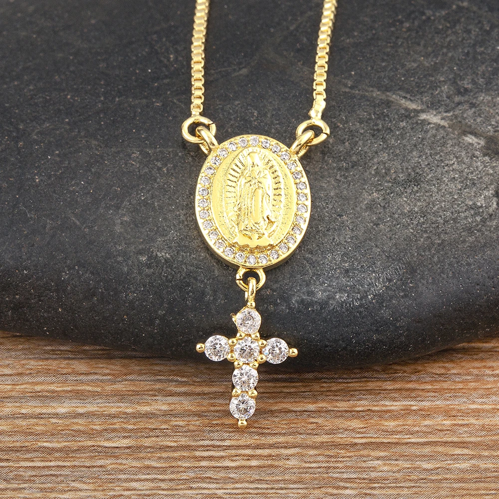 Nidin Classic Design Shiny Zircon Cross Virgin Mary Pendant Chain