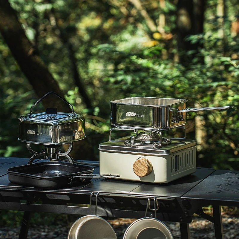 ALOCS Small Square Pot Set for Outdoor Camping Portable Stainless Steel 304 Kettle Pan Cookware