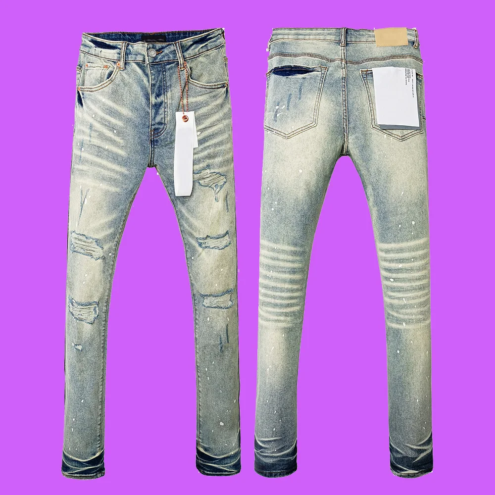 

2024 Purple roca Jeans brand Label Low Raise high Street Daily Skinny Worn Light Indigo Blowout Men Denim Jeans pants