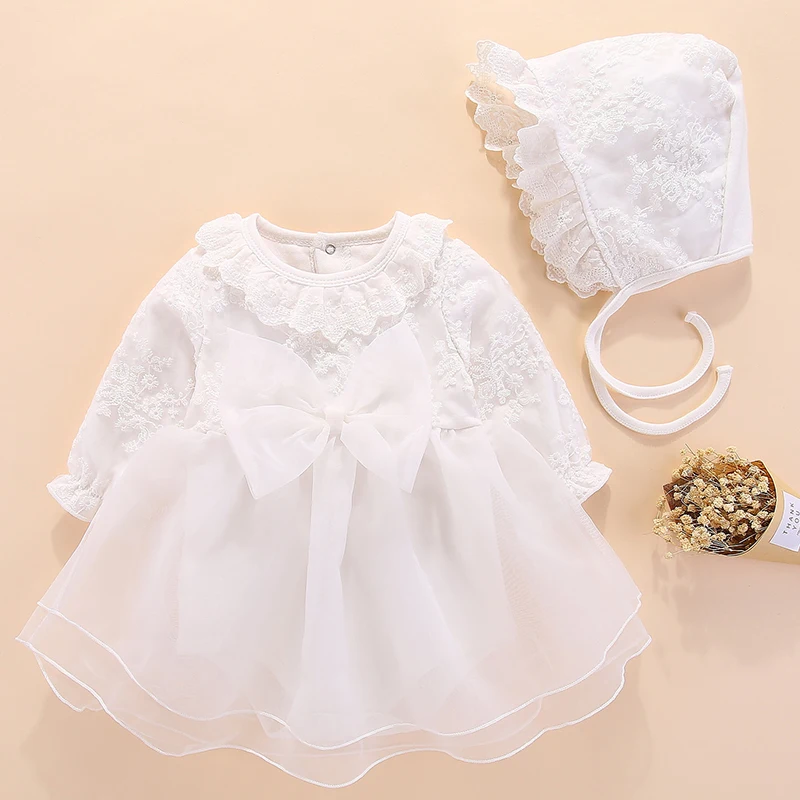 

2023 New Autumn Baby Girl Princess Dress Romper+Hat Embroidery Mesh Splicing Cotton Long Sleeve Infant Baby Girls Jumpsuit
