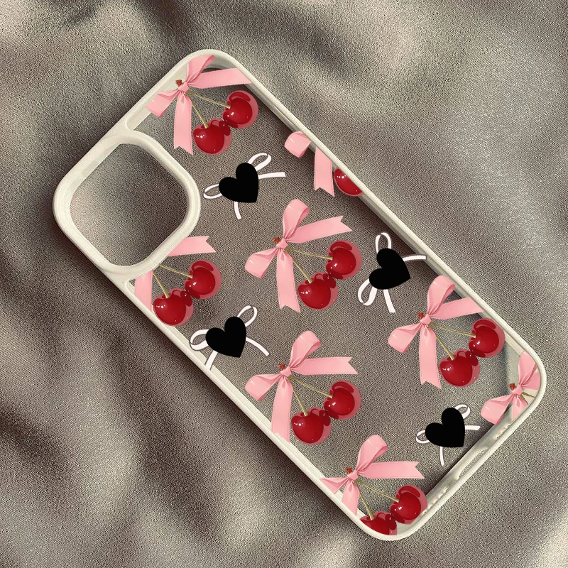 Charming Pink Bow Crystal Cherry Clear Phone Case with Love Heart Design