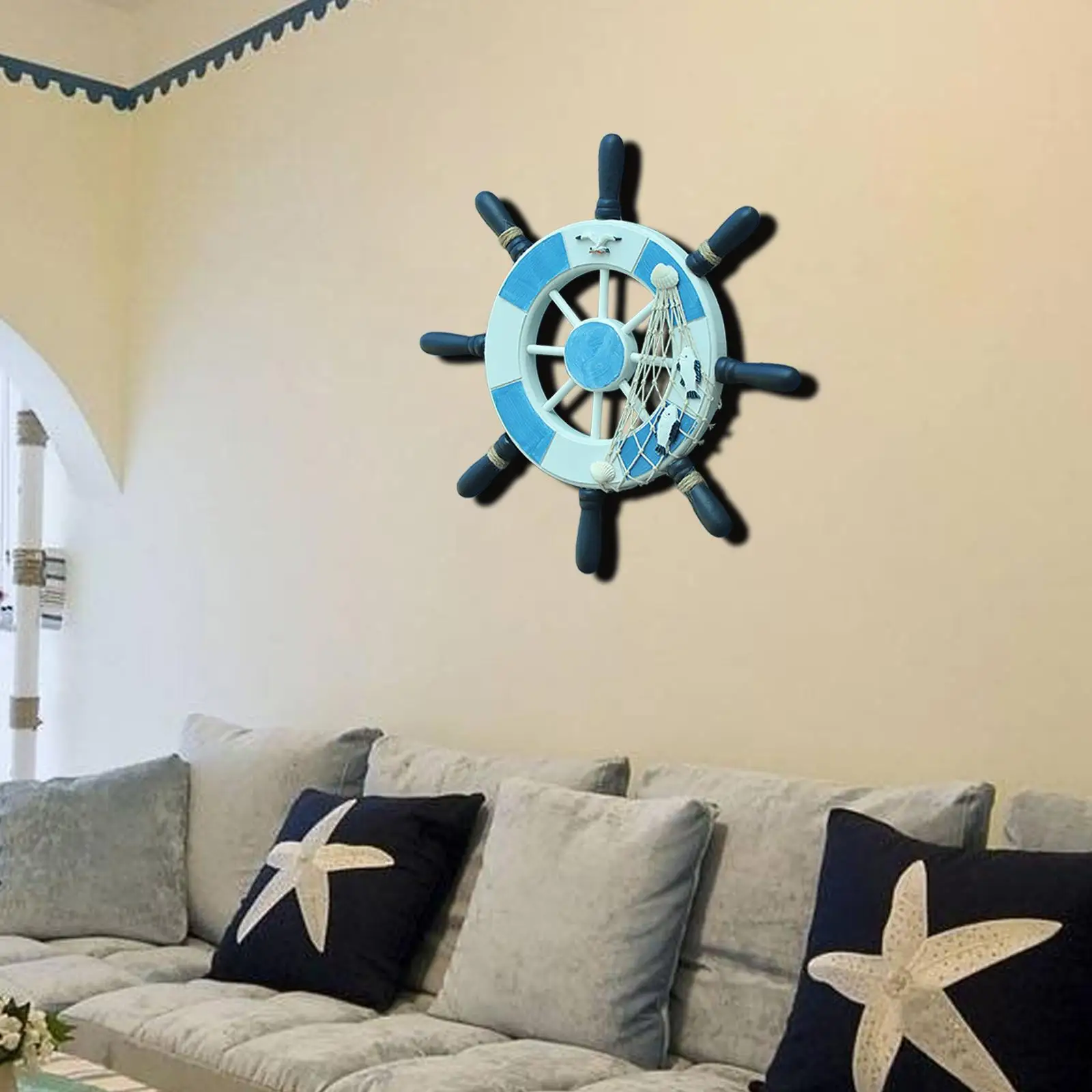 Nautical Wood Ship Wheel Wall Hanging Navy Decor Rustic Beach House Decoration for Home Office