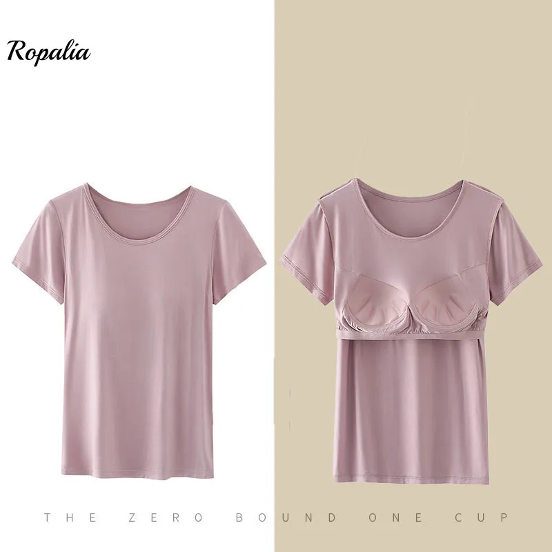 35566-6350bf.jpg Women's Modal One-Piece T-Shirt With Built In Bra Short-sleeved Slim Fit Soft Breathable Casual All-Matching Tops - Image 1