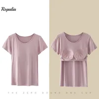 Women's Modal One-Piece T-Shirt With Built In Bra Short-sleeved Slim Fit Soft Breathable Casual All-Matching Tops