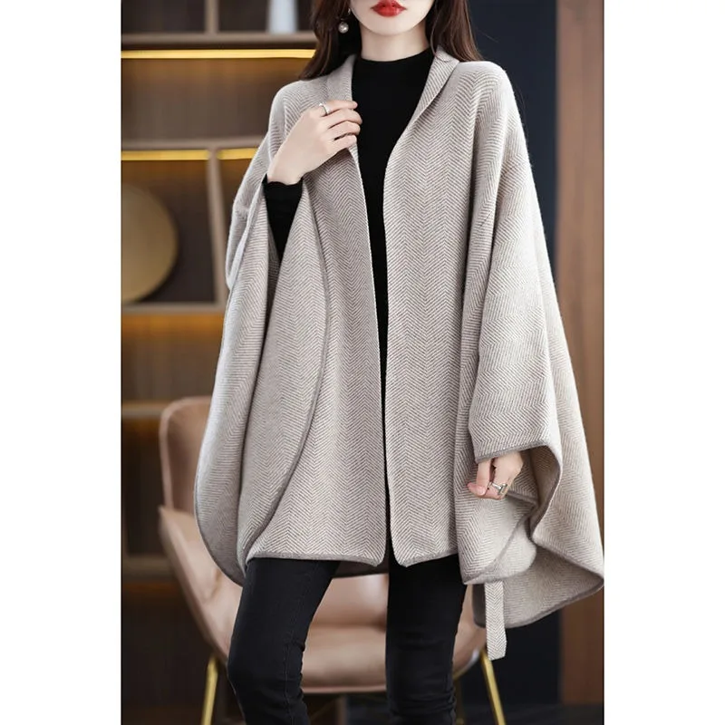 2023 Autumn Winter New Women Elegant Cape Coat Pure Cashmere Sweater Herringbone Lace-up Loose Knitwear Fashion Casual Outwear