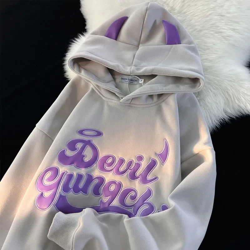 Fashionable Oversize Demon Hoodies Women Devil Corner Design Couples Streetwear Loose High Street Plush Thicken Coat Y2k Clothes