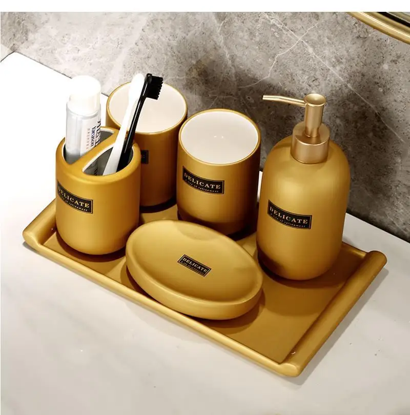 

Light Luxury Golden Ceramic Bathroom Decoration Accessories Toothbrush Holder Toothpaste Dispenser Soap Dispenser Storage Tray