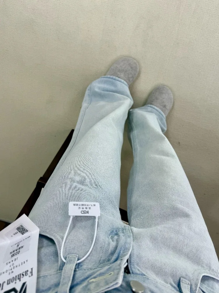 Y2K جينز أزرق فاتح للنساء منخفض الخصر بنطال ذو قصة أرجل واسعة فضفاض مستقيم الساق التخسيس تأثير ترهل الخريف