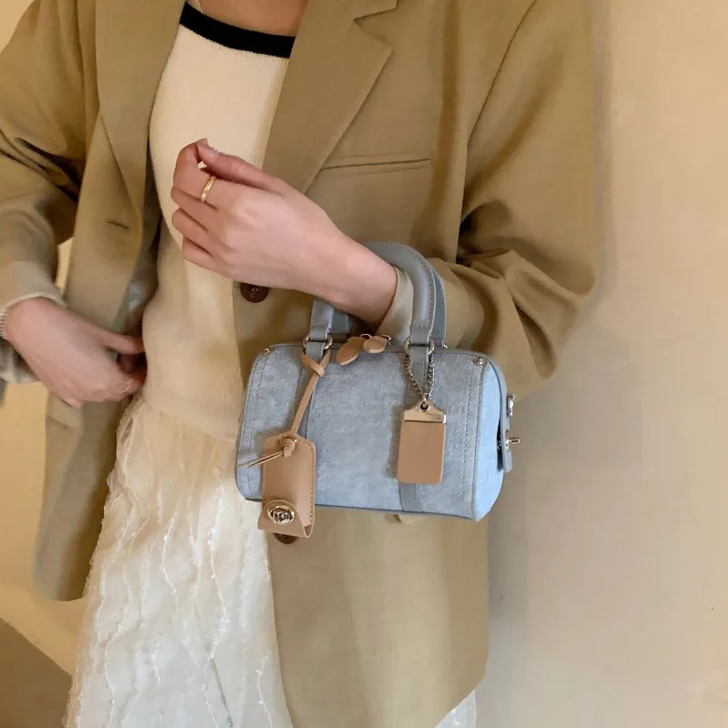 Vintage Design Denim Blue Mini Boston Women'S Hand-Held Shoulder Bag Adjustable Shoulder Strap Crossbody Bag