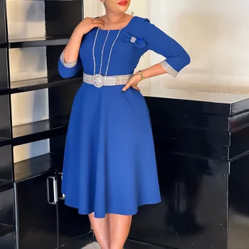 Abiti eleganti patchwork midi a linea A per donna O collo maniche a tre quarti cintura in vita pieghettata fiocco elegante abito da chiesa per ufficio