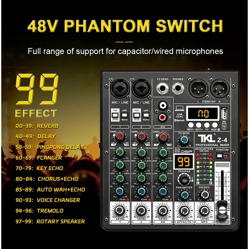 For TKL 4 channel 99 DSP audio mixer 48V Phantom Power USB studio sound mixers Bluetooth DJ console mixing for karaok