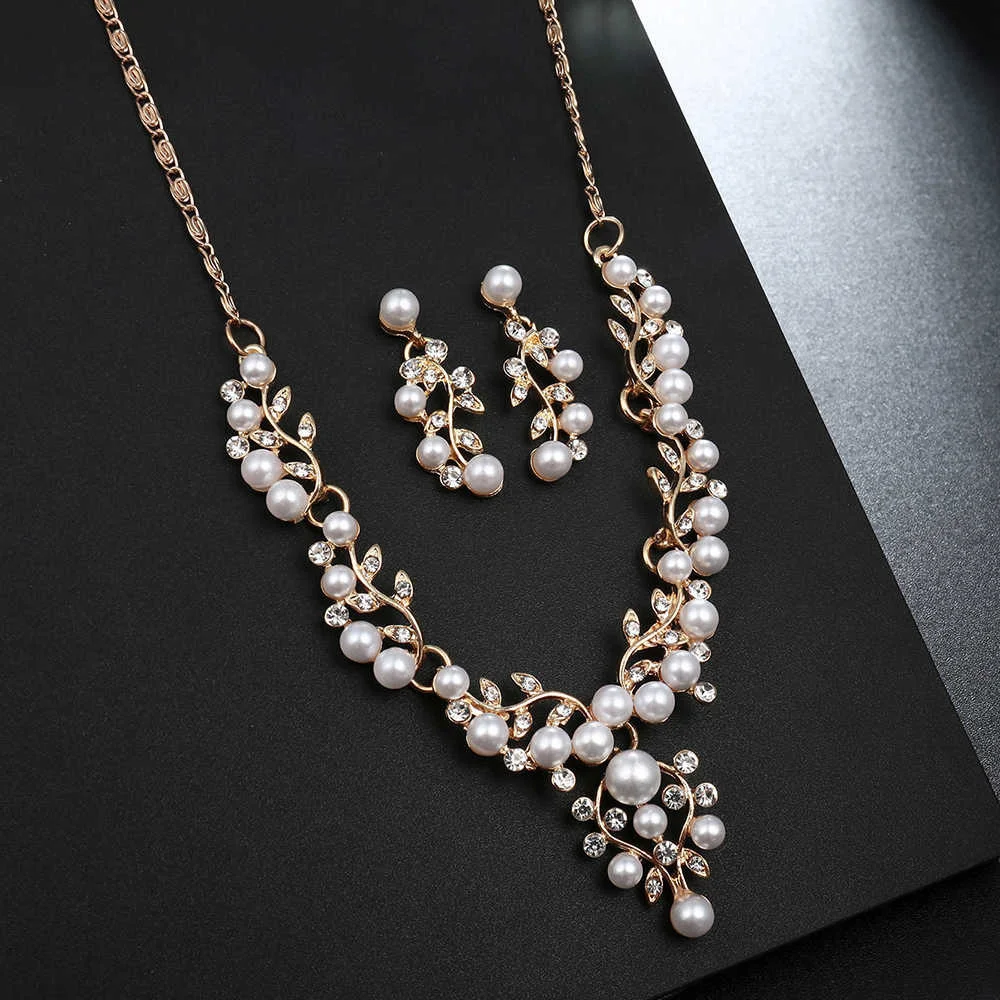 Vintage Schmucksets mit simulierten Perlen für Damen, modisches Blumen-Statement-Halsketten- und Ohrring-Set, Accessoires für Hochzeiten und Partys – Detail 8