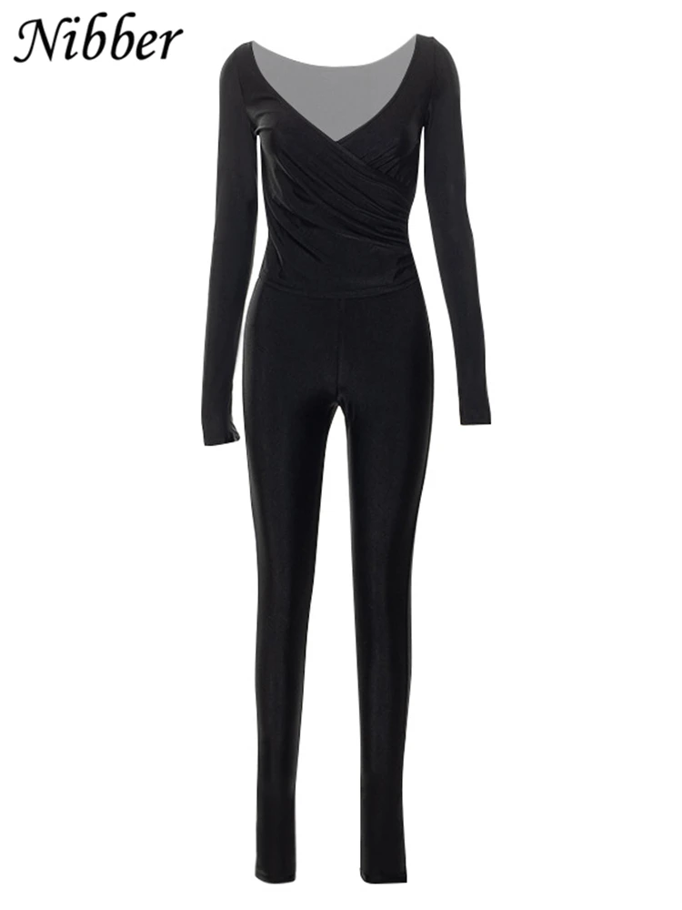 Nibber Sexy Skinny Solid Two Piece Set Women Fashion Cross V-neck Long Sleeve Tops+ High Waist Floor Length Trousers Street Suit