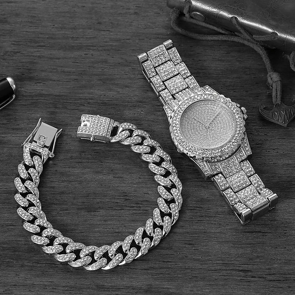 2PCS Watch Bracelet for Women Cubana Charms Bracelets Iced Out Watch for Women Fashion Luxury Gold Watch Set Jewelry Set Relojes