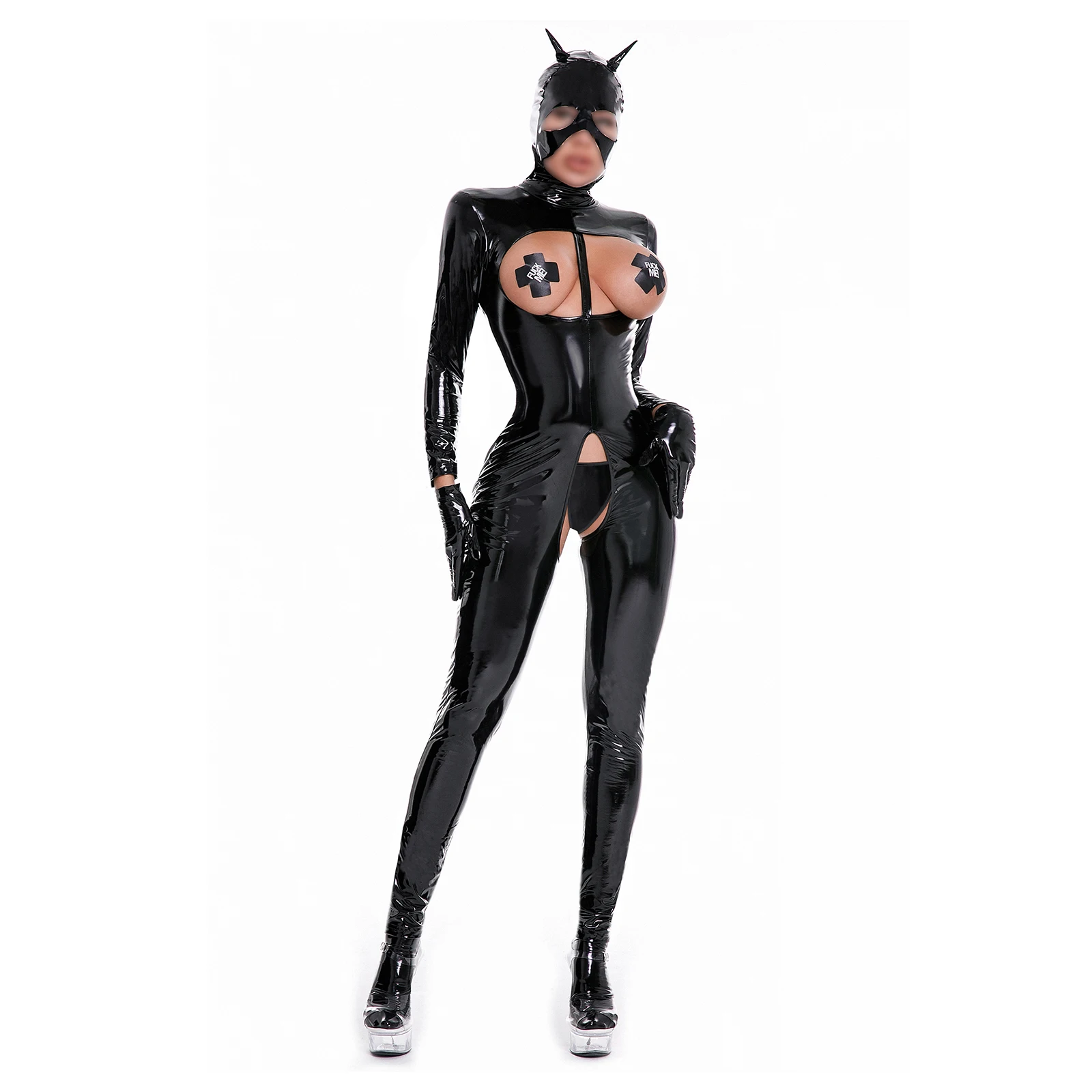 

Sexy Hot Women Wetlook Patent Leather Catsuit Latex Bodysuit Crotchless Clubwear Open Bust Jumpsuits Lingerie with G-string