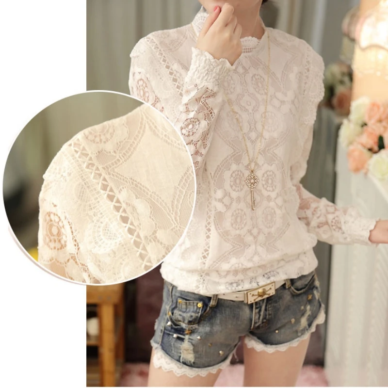 Autumn Women Chiffon Blouse Long Sleeve Casual Floral Lace Top