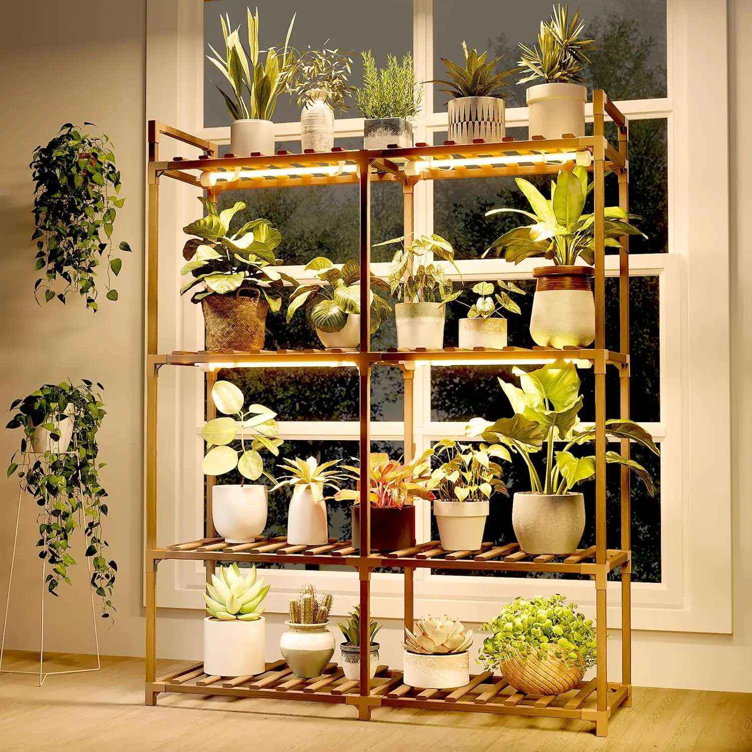 4-Tier Wood Plant Stand with Grow Lights for Indoor Plants, Large Flower Shelf for Patio Living Room Balcony