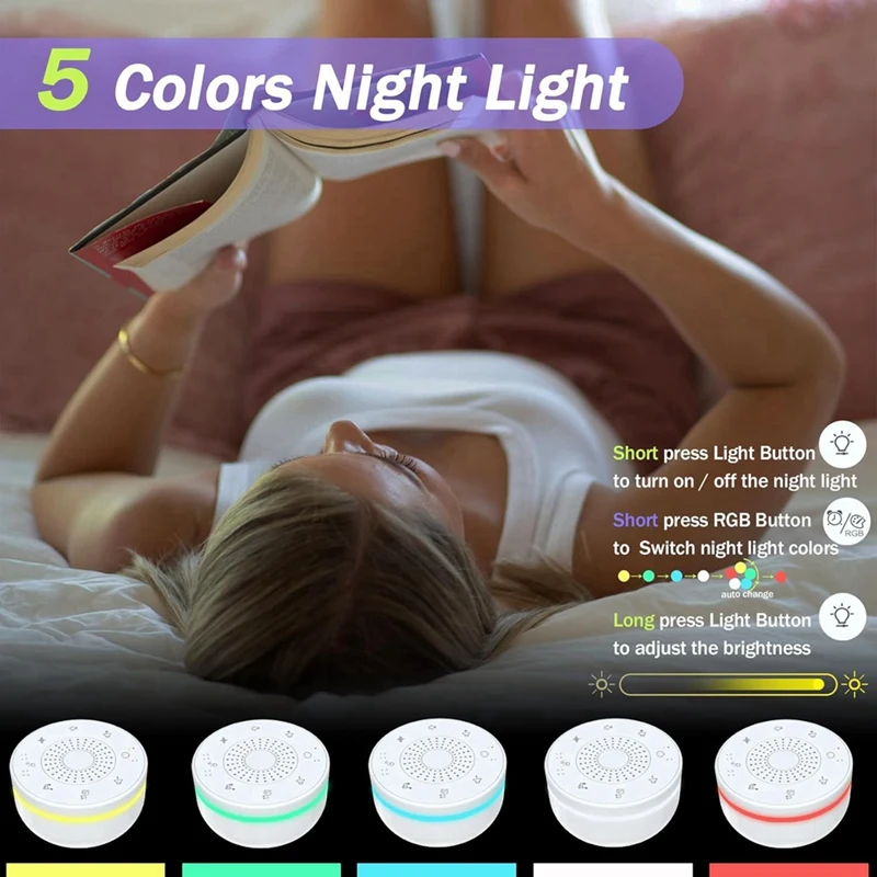 Sleep White Noise Portable Sound Machine For Adults Kids Baby, With 30 Soothing Sounds,5 Color Night Light,3 Timer