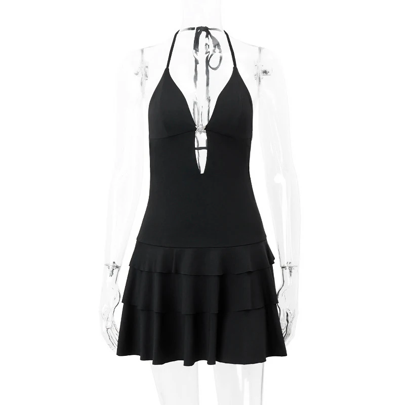 Halter Neck Dress y2k Clothes Women Black Sleeveless Backless Layered Ruffled Hem A-line Shorts Cake Dress Clubwear