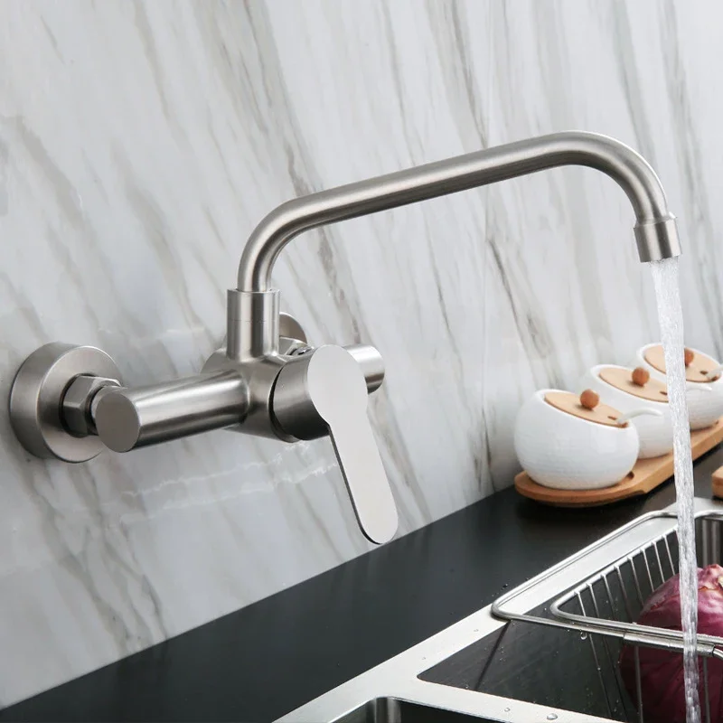 

Kitchen Faucet Stainless Steel Bathroom Basin Sink Tap Wall Mounted 360 Degree Swivel Double Hole Hot Cold Water Mixer Tap Crane