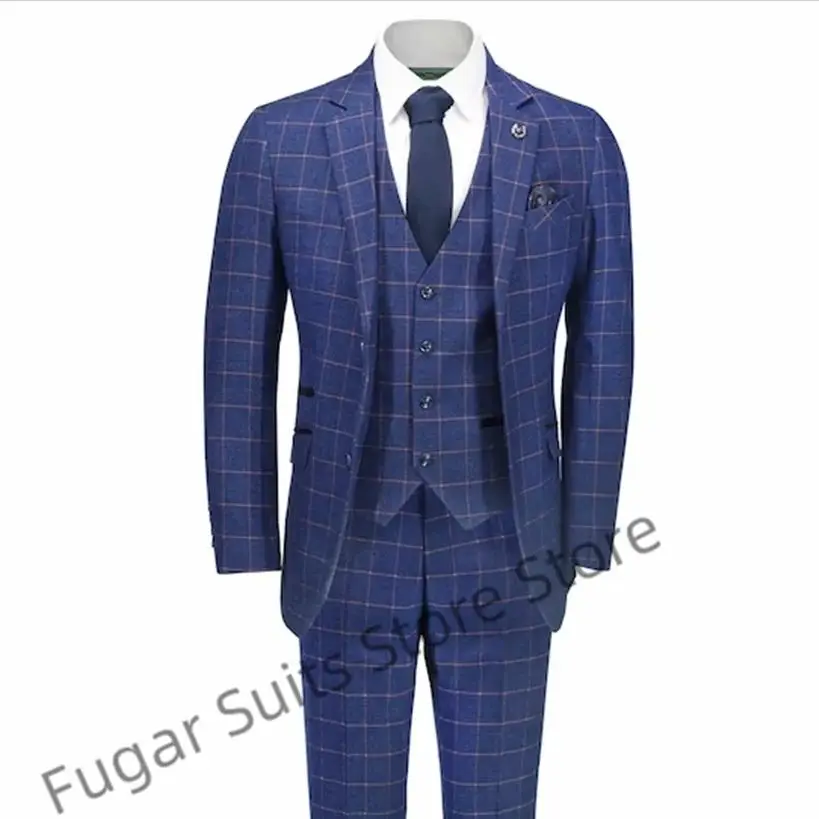 (XS-6XL)High Qublity Plaid Wedding Men Suits Slim Fit Notched Lapel Groom Tuxedos 3 Pcs Sets Business Male Blazer Costume Homme
