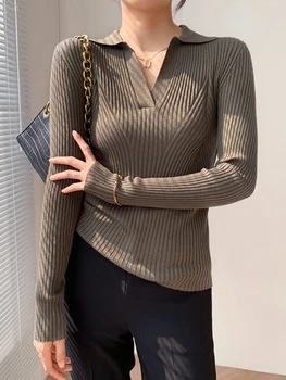 AOSSVIAO موضة بولو طوق البلوز المرأة خريف 2025 كم طويل نحيف أنيق محبوك القمم الصلبة عادية مضلع البلوزات 4
