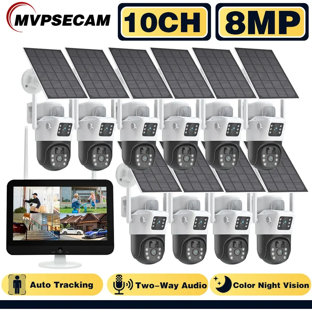 100% Wire-Free Solar Ptz Dual Lens 12.5 "Monitor Lcd 10Ch Wifi Nvr Sistema Di Telecamere Ip Di Sicurezza Domestica Wireless 4K 8Mp Cctv Sorveglianza