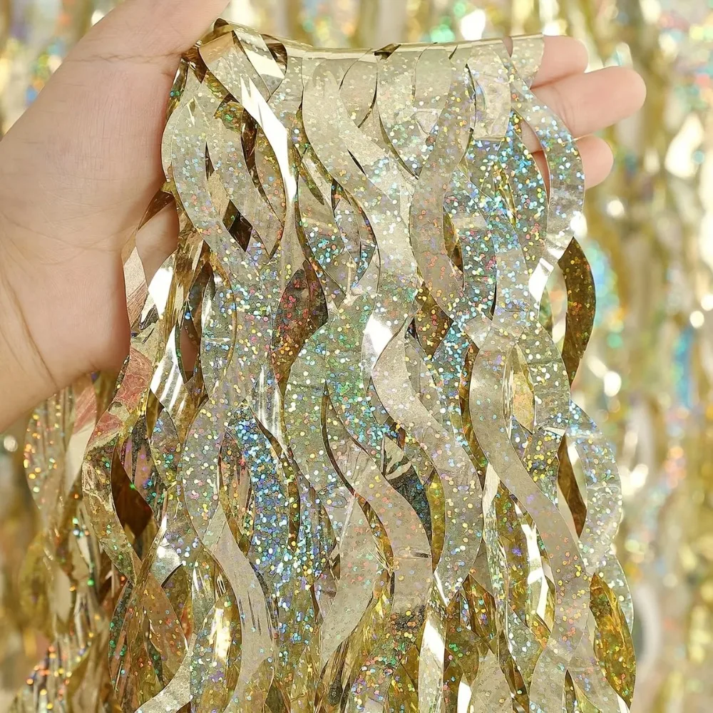 Gold Foil Fringe Curtain 4Pcs Shimmer Party Backdrop 4Pcs Champagne Gold Laser Wavy Foil Fringe Curtain with Golden Garland Wedding Birthday Party Photo Backdrop Decor 3