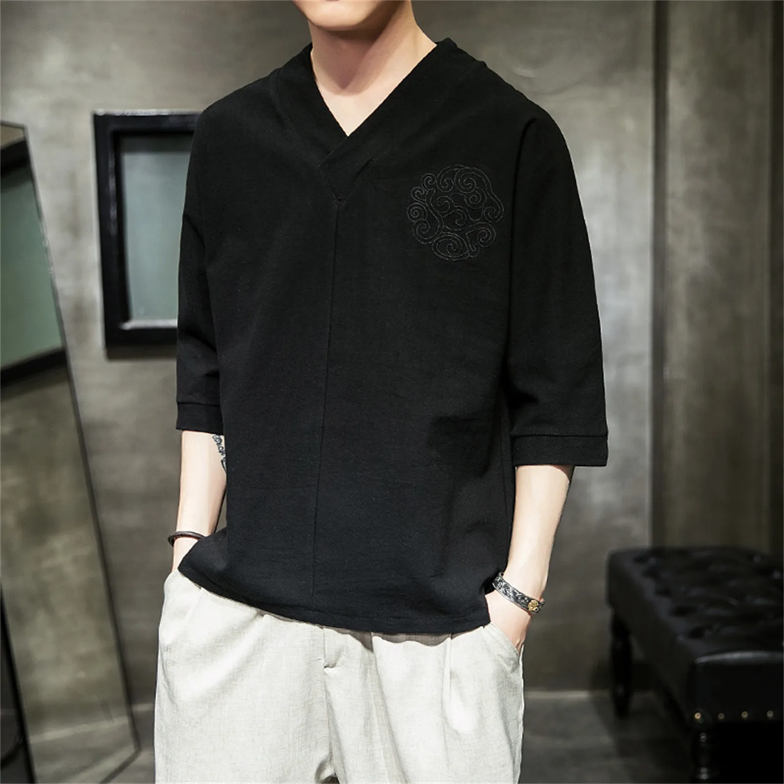 

Мужская Летняя винтажная Однотонная футболка в стиле пэчворк с рукавом до локтя