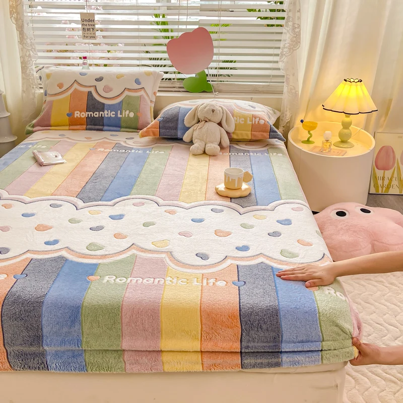 Soft Warm Snowflake Velvet Plush Fitted Sheet Elastic Mattress Cover Fluffy Coral Fleece Bed Linen Winter Couple Customized size 2