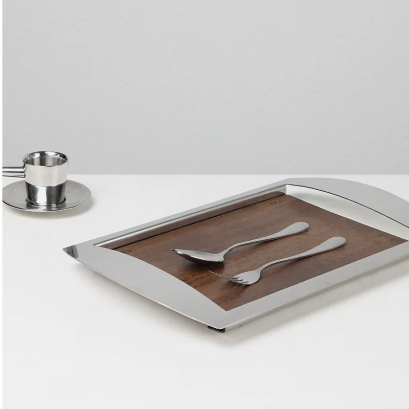 Modern Luxury Stainless Steel and Walnut Decorative Tray for Sample Room Living Room Home Decor 4