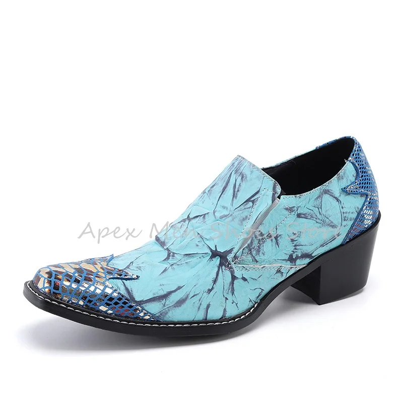 Retro Blue Square Toe Chunky Heel Men's Loafers Spring New Snake Pattern Slip On Brogues Cowhide Casual Footwear Large Size