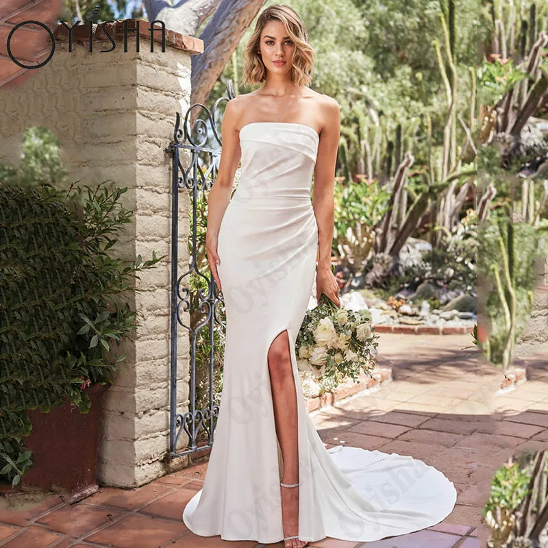 

Женское атласное платье Oyisha, платье невесты без бретелек, с высоким разрезом, без рукавов, с открытой спиной, на пуговицах, на заказ Платья для невесты без бретелек с высоким разрезом Классические свадебные платья б