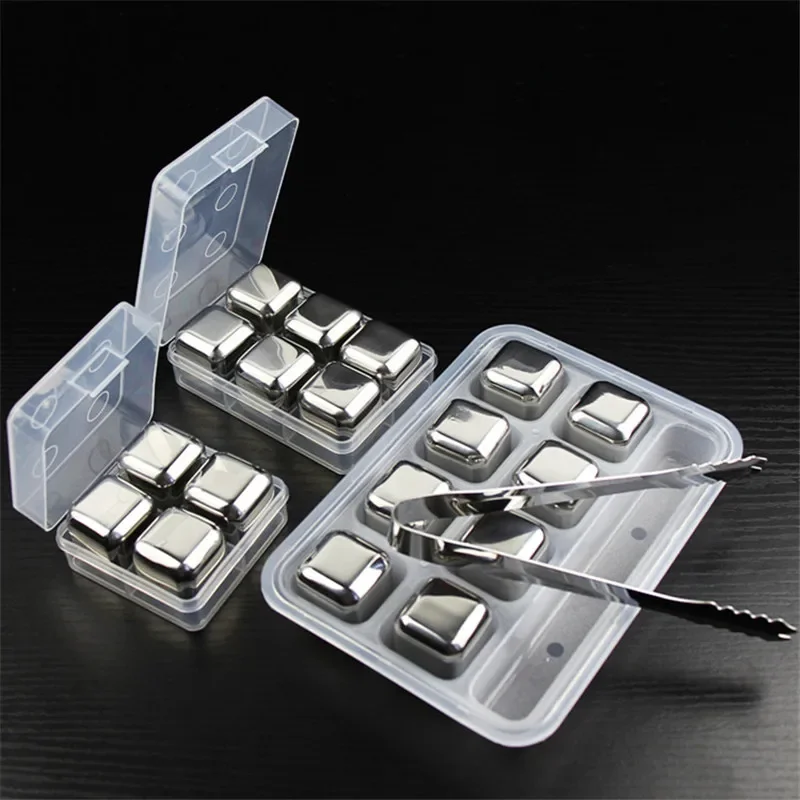 4/6/8pcs Stainless Steel 304 Whisky Stones Ice Cubes Whiskey Cooler Rocks Ice Stone Chilling Stones for Whiskey Wine Bar Tools