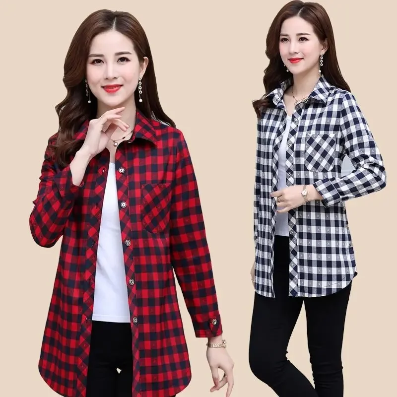 2023 Spring Clothes New Mother Plaid Shirt Women's Coat Middle-Aged and Elderly Casual Long-Sleeved Shirt Coat Women's Commuting