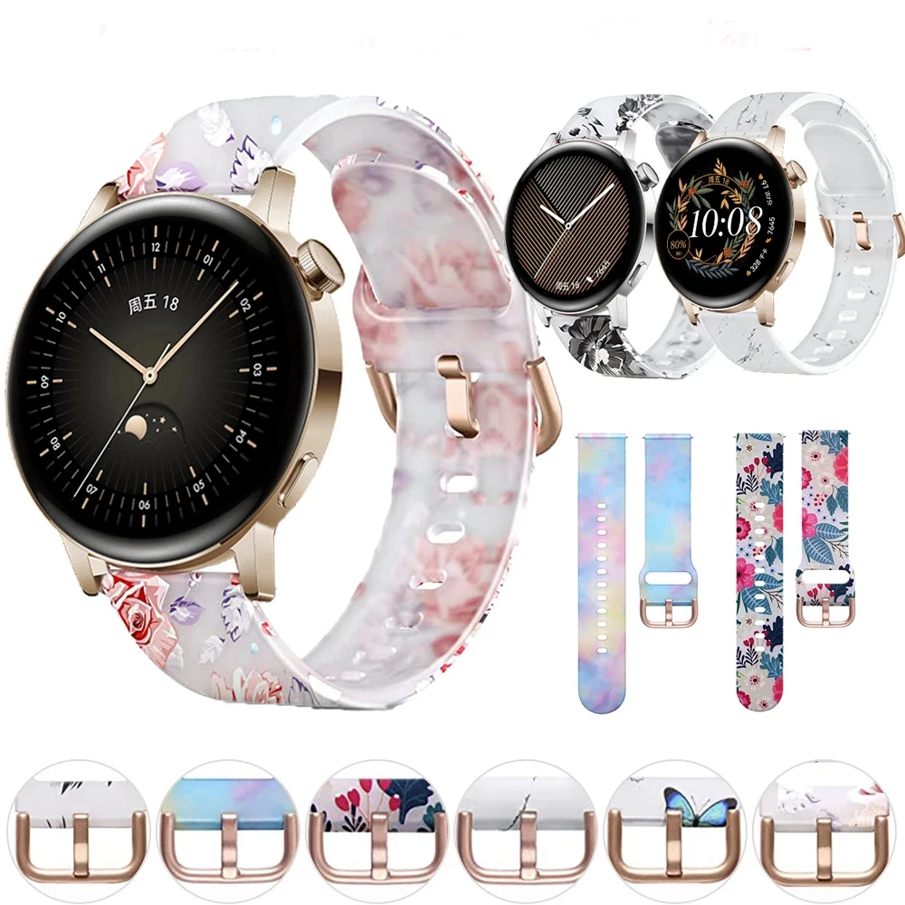 

New 20mm Printed Ladies Strap For Huawei Watch GT3 GT3 Pro 43mm GT2 42mm Silicone Bracelet For Huawei Glory ES Sports Wristband
