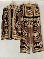 Chemise à manches longues imprimée de luxe pour femme, costume deux pièces ample, pantalon droit élastique, décontracté, printemps et été 2024 6