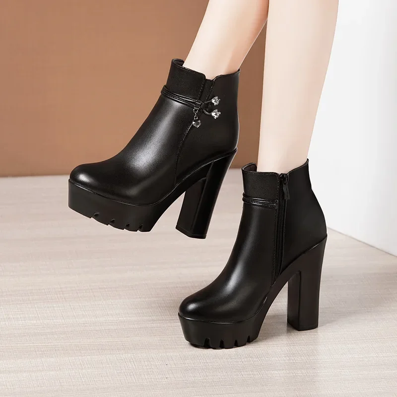 

10cm 13cm Small Size 32-43 Thick Bottom Platform Shoes with Fur 2023 Fall Winter Block High Heels Ankle boots for Office Model