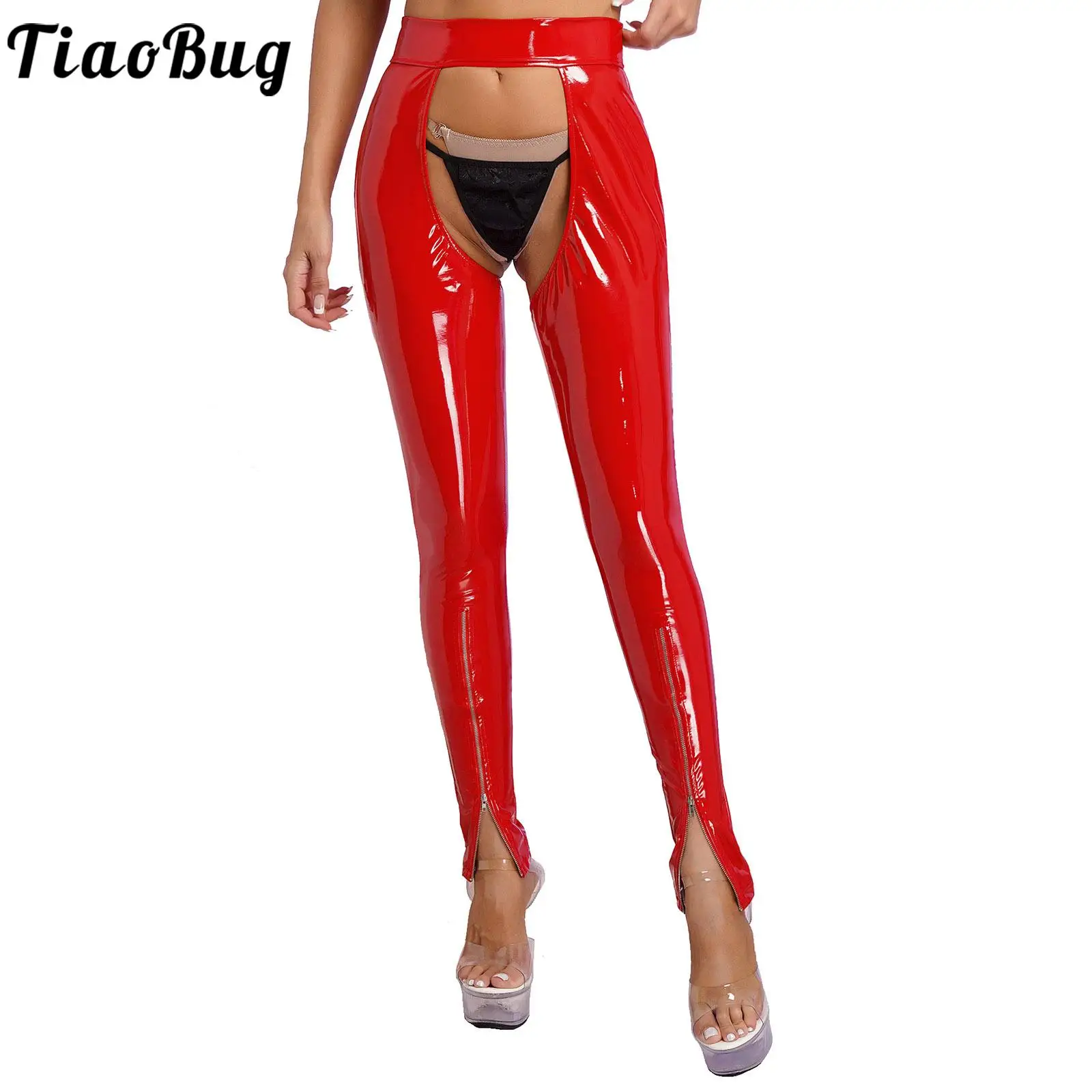 

Womens Exotic Pants Shiny Wet Look Patent Leather Leggings High Waist Open Crotch Backless Zipper Skinny Pants Clubwear Trouser