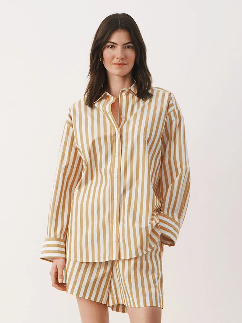 Marthaqiqi Striped Women Sleepwear Suit Long Sleeve Pajama Turn-Down Collar Nightgowns Shorts Fashion Ladies Nightie 2 Piece Set
