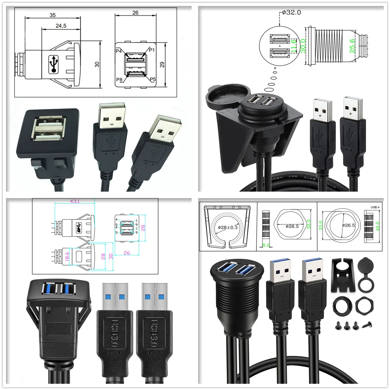 Dual USB 3.0 Car Waterproof Cable USB Male to Female Threaded Fixed ...