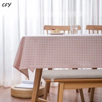 Cotton and Linen Pink Checkered Pastoral Style Rectangular Tablecloth Tea Table Pad Meal Cloth Photo Background Cloth