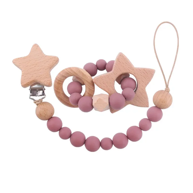 Baby Pacifier Clip Wooden Teethers Bracelet Set Silicone Beads Infants Teething Toy Anti-lost Chain Cartoon Star Cloud Cat pacifier clip