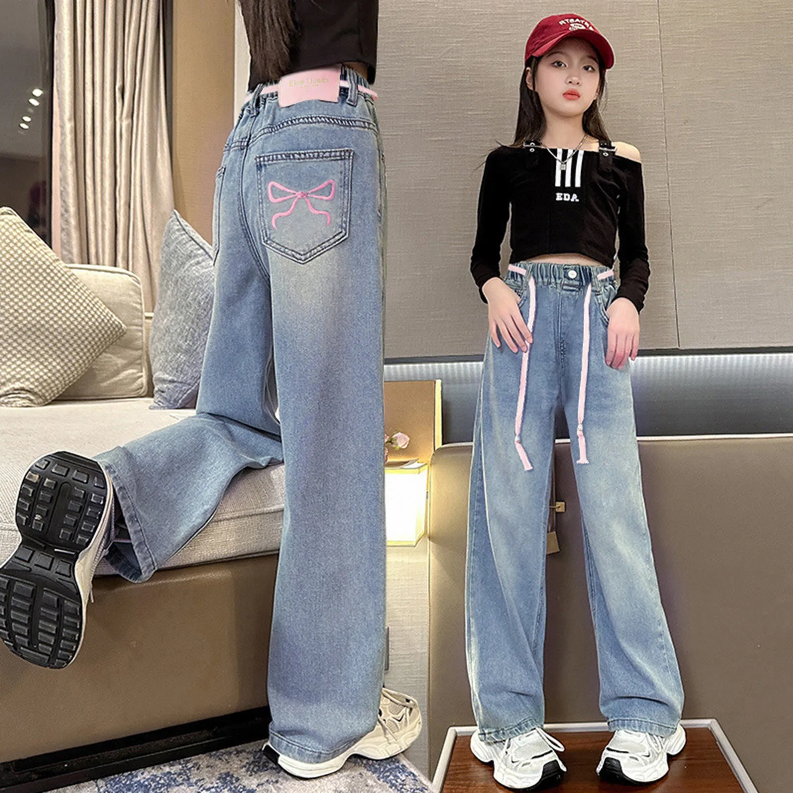  여자아이 리본 프린트 데님 팬츠 새 지퍼 플라이 밴딩 하이웨이스트 와이드 레그 청바지 여아 의류 6-14세 어린이 블루 스트레이트 청바지