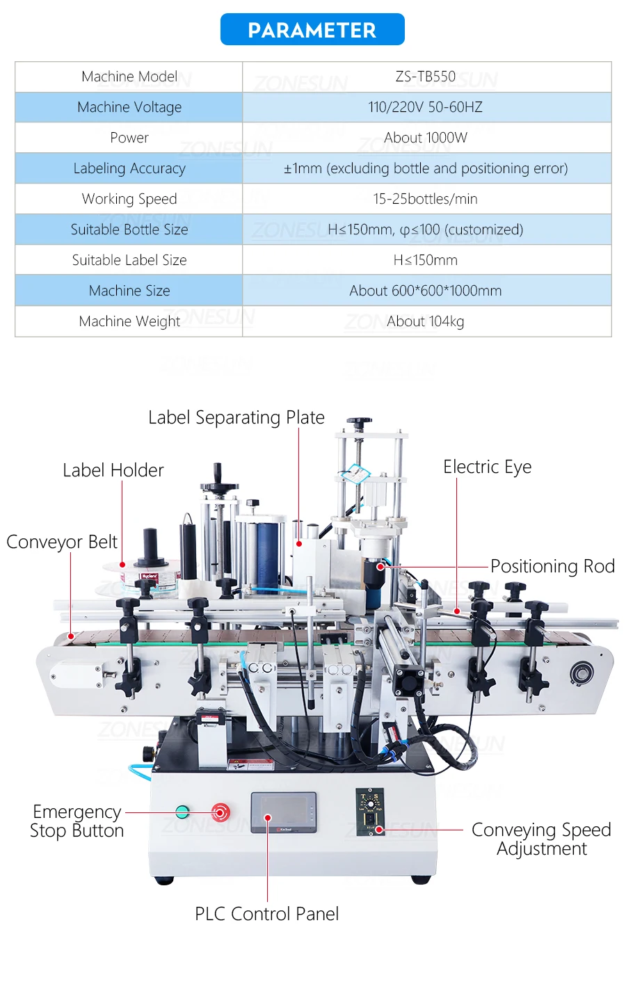 ZONESUN ZS-TB550 Automatic Labeling Machine for Round Irregular Polygonal Hexagonal Bottle Jar Plastic Glass Packaging Line